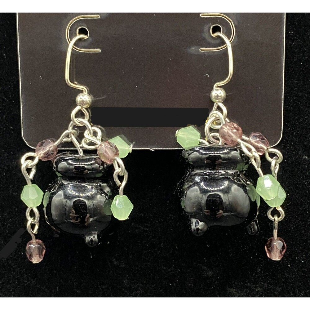 Handmade Black Glass Cauldron Green & Purple Glass Bead Earrings by Neanie-Bot